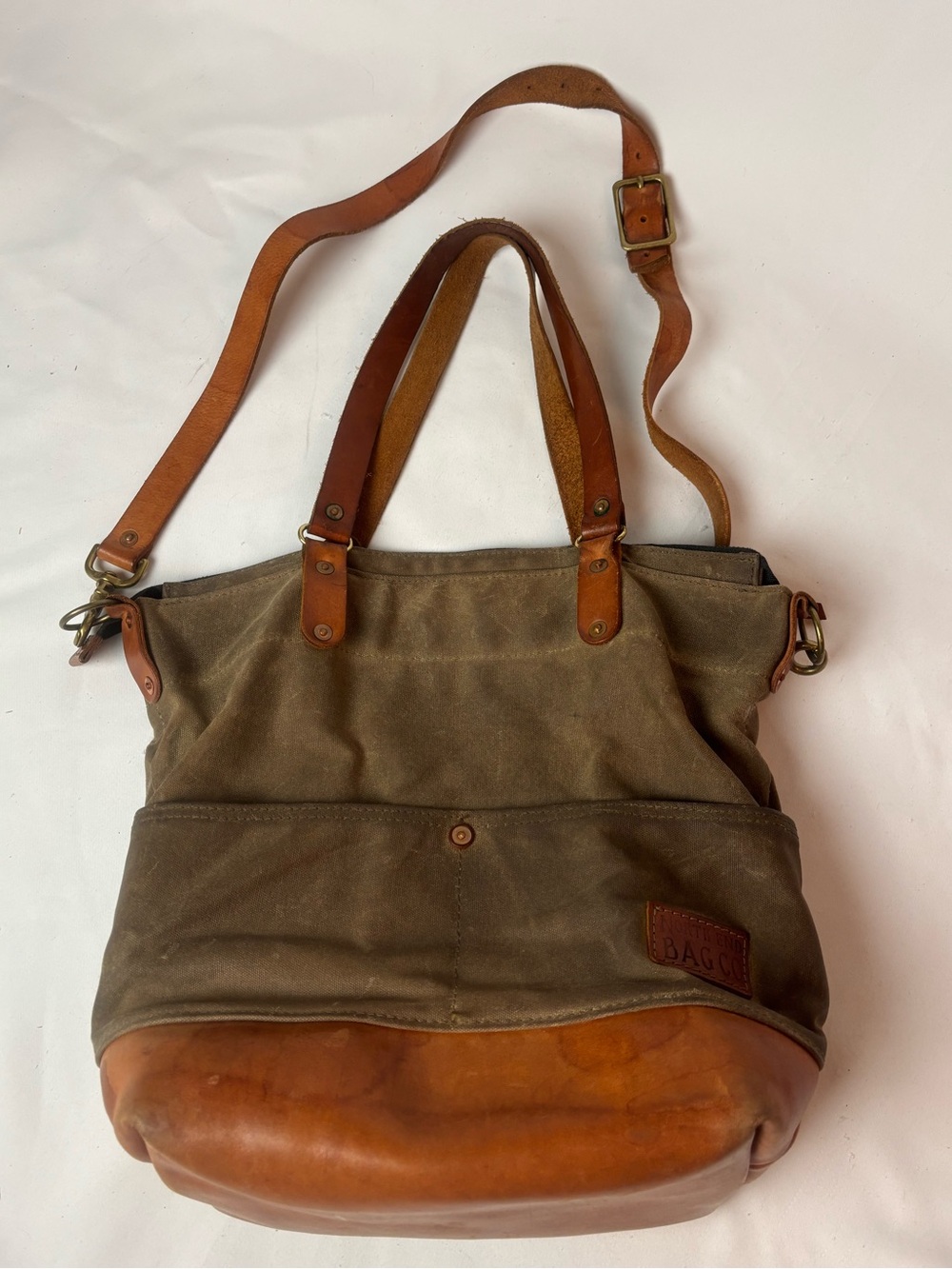 The North End Bag Co 76th St Tote Green Waxed Canvas Leather Base & Handles